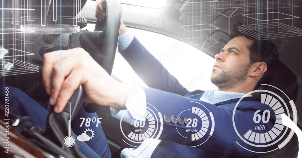 Poster man driving in car with heads up display interface