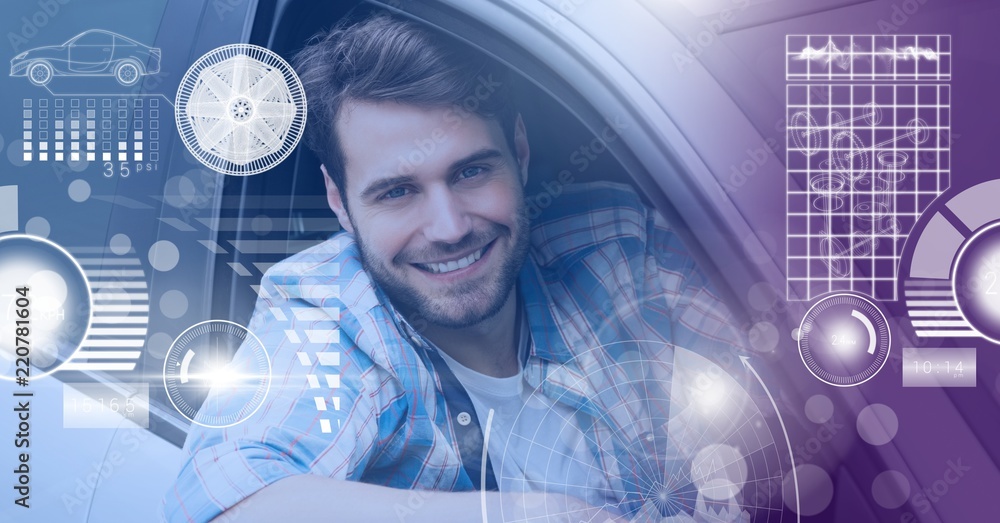 Poster man driving in car with heads up display interface