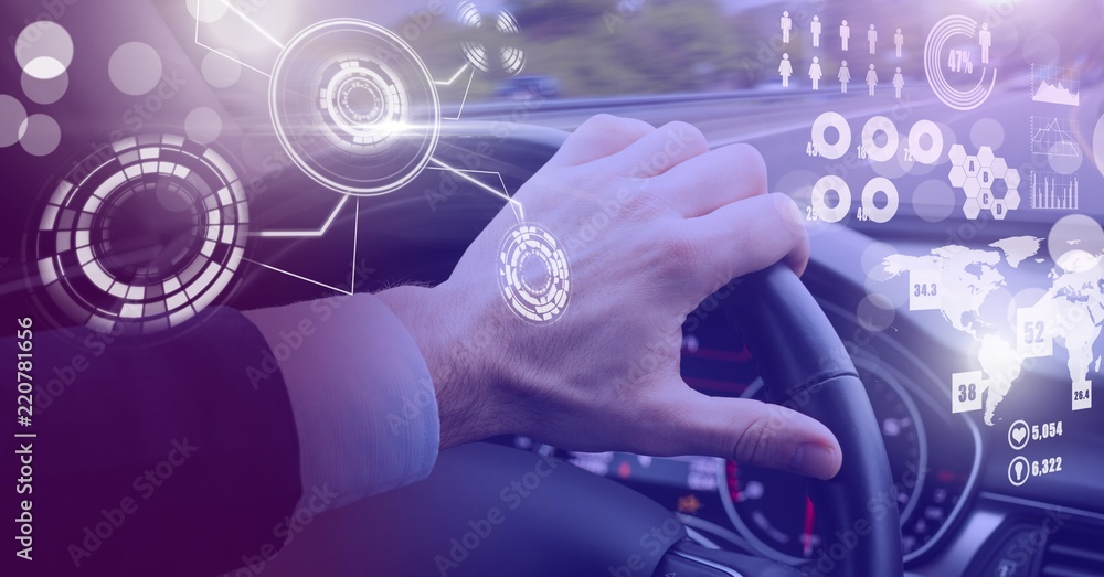 Poster man driving in car with heads up display interface