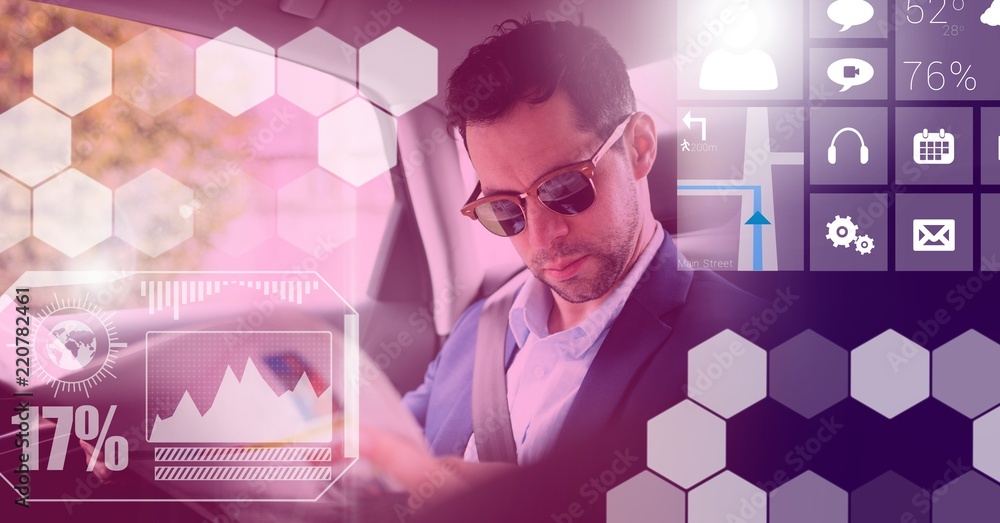 Poster man in driverless autonomous car with heads up display interface