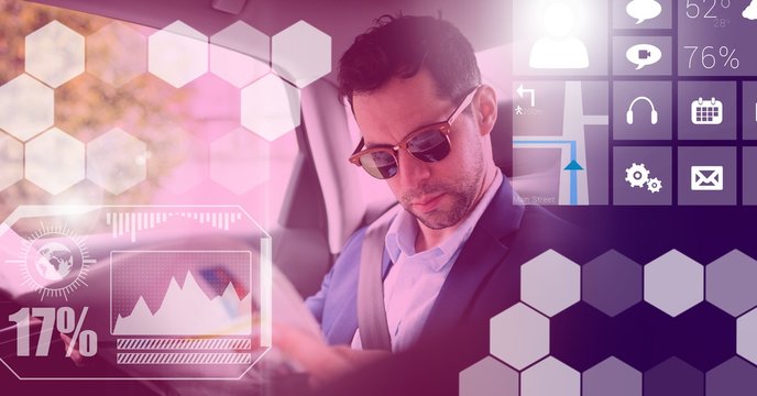 Man in driverless autonomous car with heads up display interface - Powered by Adobe