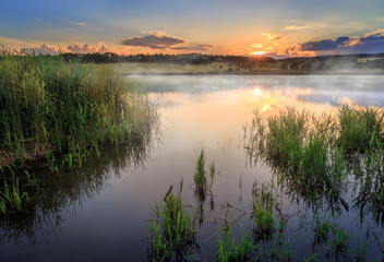 Sunset on the lake. The water reflects the setting sun and clouds. - obrazy, fototapety, plakaty