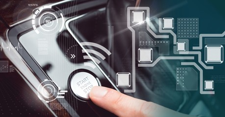 Touching start engine button in vehicle with heads up display
