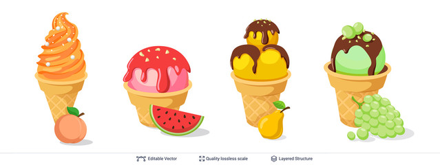 Ice cream refreshing desserts set on white.