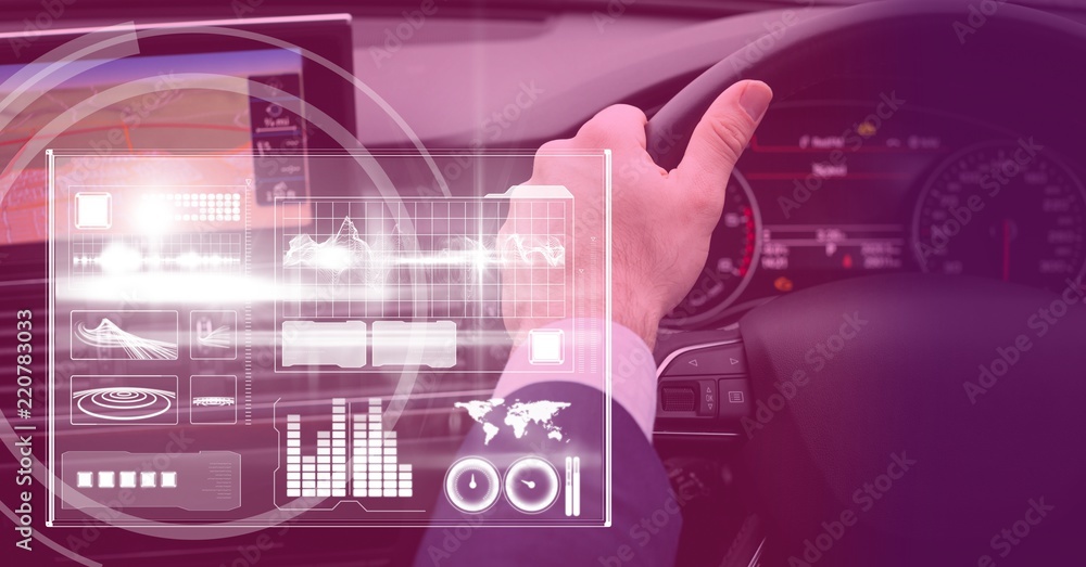 Poster man driving in car with heads up display interface