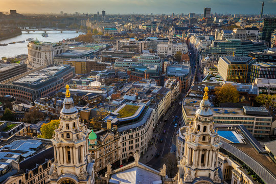 London, England - Aerial Skyline View Of London Taken From Top Of St.Paul's Cathedral At Sunset