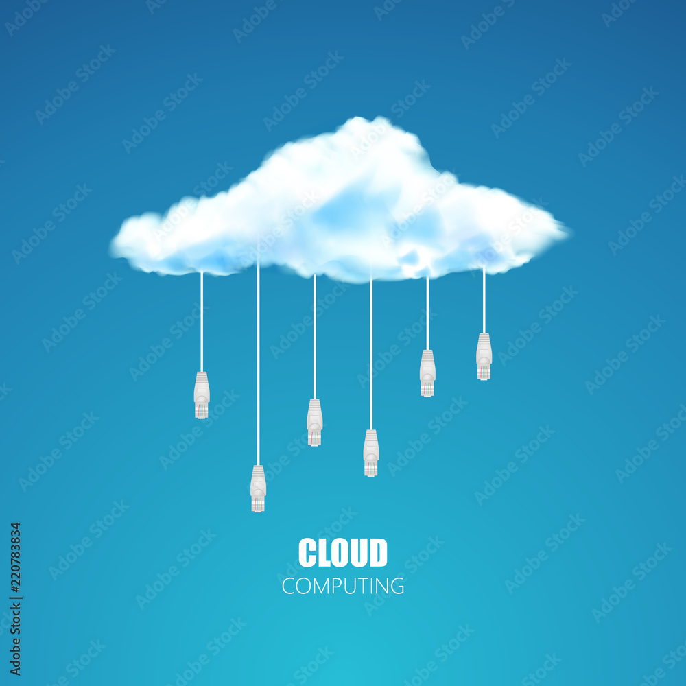 Poster cloud computing concept or symbol connect with network cable on blue background. 3d render