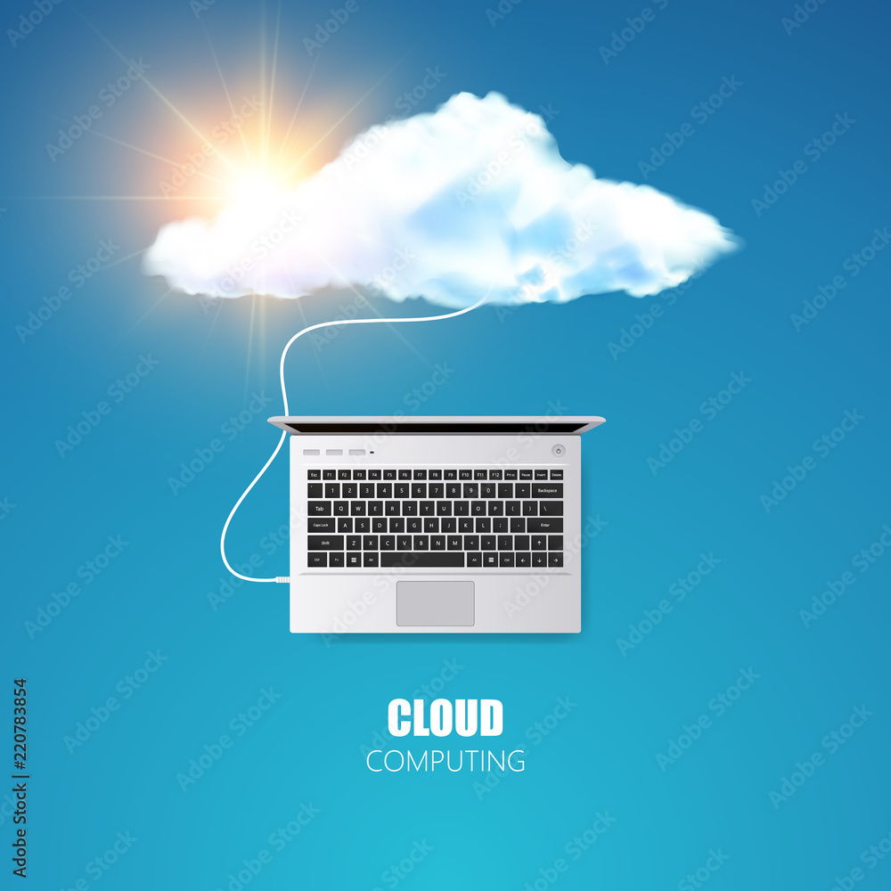 Poster cloud computing conceptor symbol connect with network cable on blue background. photorealistic vecto
