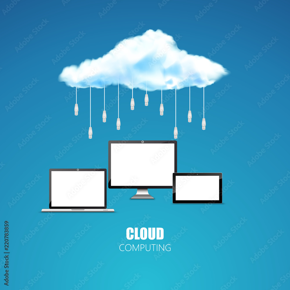 Poster cloud computing conceptor symbol connect with network cable on blue background. photorealistic vecto
