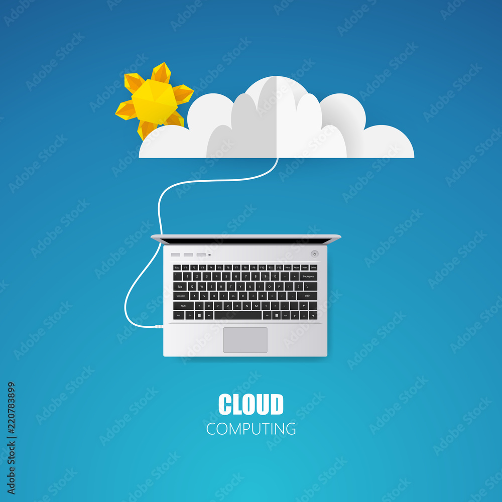 Poster cloud computing conceptor symbol connect with network cable on blue background. photorealistic vecto