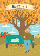 Happy Fall. Happy man sitting on the bench under the autumn tree with cup of tea or coffee. Cute original vector illustration.