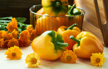 Sweet bulgarian pepper laying with marigold flowers in front of steel basket with yellow pepper and bunch of orange flowers with tray nearby on wooden table ans background, copy space