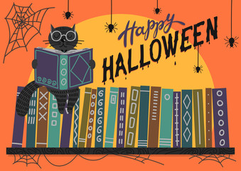 Fototapeta premium Happy Halloween. Black cat reading book on bookshelf on orange background with lettering. Vector illustration. Perfect greeting card, banner for libraries, bookstores and educational institutions .