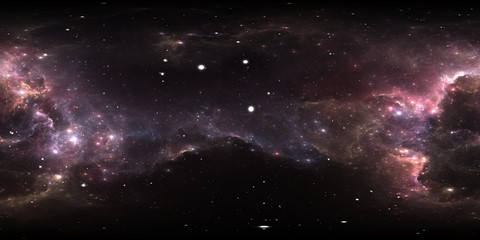 360 degree space nebula panorama, equirectangular projection, environment map. HDRI spherical panorama. Space background with nebula and stars
