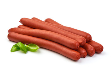 Long and fatty sausages with basil leaves, isolated on white background.