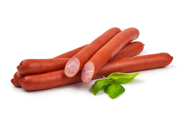 Long and fatty sausages with basil leaves, isolated on white background.