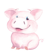 Fototapeta na wymiar Watercolor pig illustration Cute little piglet Symbol of 2019 year Chinese new year
