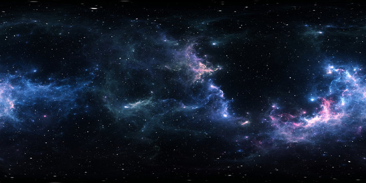 Fototapeta 360 degree space nebula panorama, equirectangular projection, environment map. HDRI spherical panorama. Space background with nebula and stars