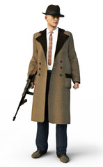 Mafia gangster wearing traditional clothing with machine gun on an isolated white background. 3d rendering