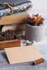 Old books, succulent and open craft envelope