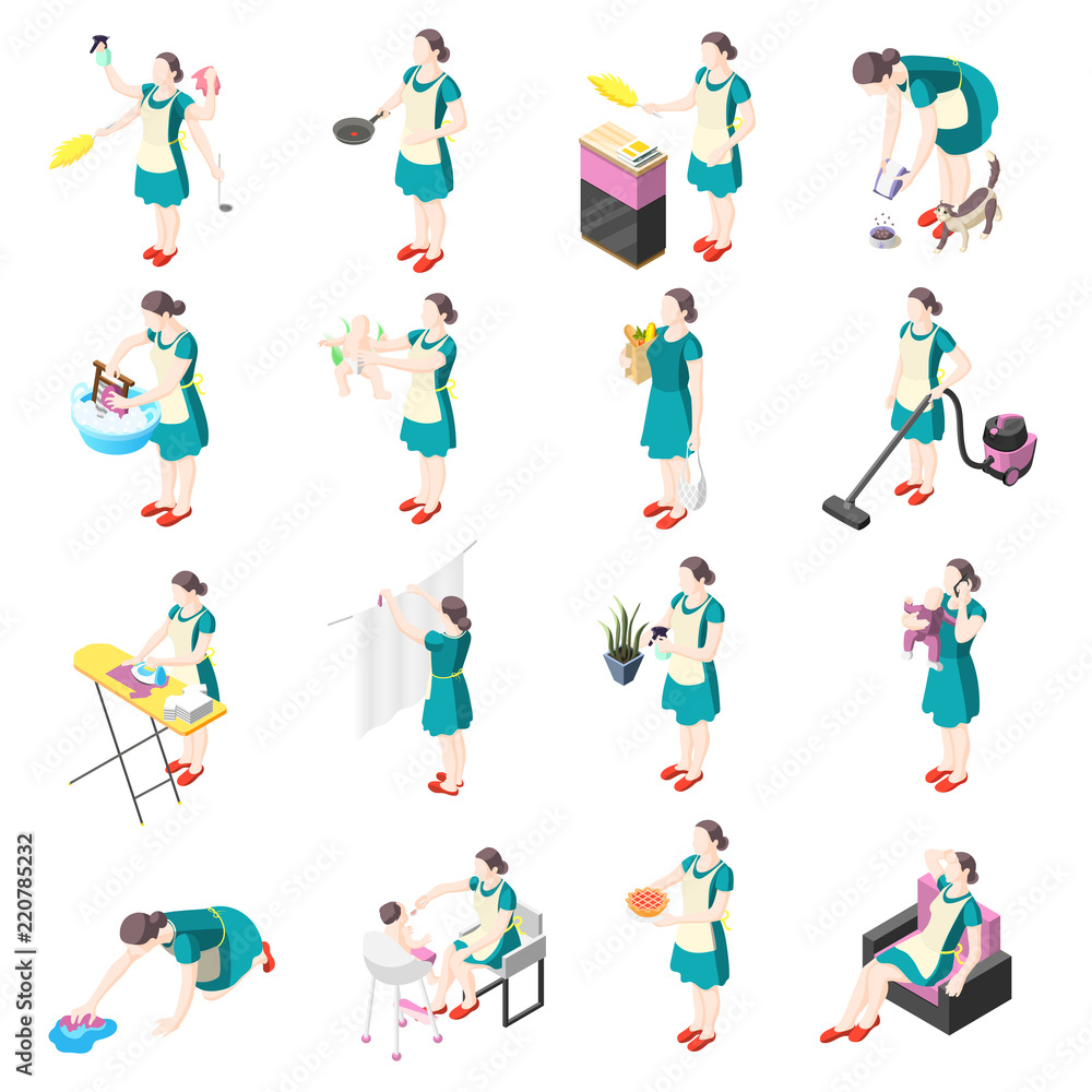 Poster tortured housewife isometric icons