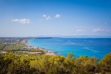 Formentera Island shore skyline cityscape. Panorama of tourist island in Balearic Islands