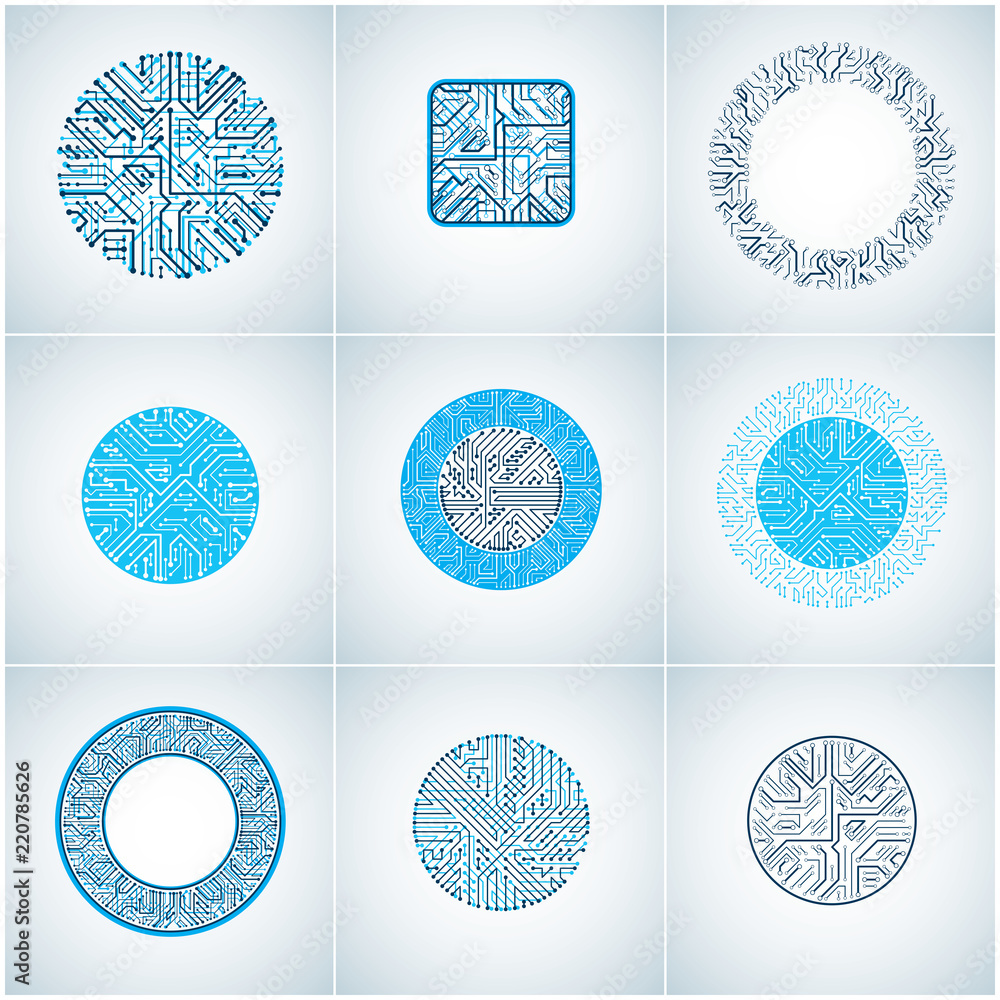 Poster collection of vector microchip designs, cpu. information communication technology elements, blue cir