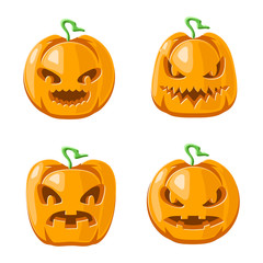 Cartoon jack o lantern halloween pumpkin decoration scary faces smile emoji icons set isolated design vector illustration