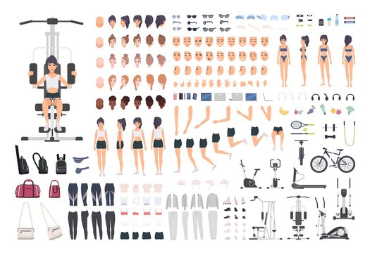 Sportswoman or fitness girl DIY kit. Set of woman's body parts, postures, sports equipment, exercise machines isolated on white background. Front, side and back views. Cartoon vector illustration.