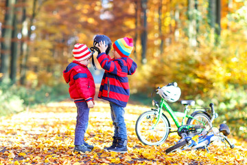 Fototapeta na wymiar Two little kid boys with bicycles in autumn forest putting helmets