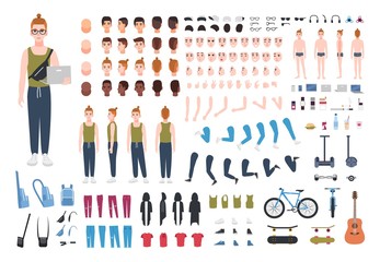 Modern redhead teenage boy constructor or DIY kit. Collection of teenager's body parts, poses, facial expressions, trendy clothes, gadgets isolated on white background. Cartoon vector illustration.