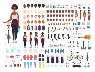 African American teenage girl animation kit or avatar. Bundle of teenager's body parts, postures, faces, haircuts, stylish clothes, gadgets isolated on white background. Cartoon vector illustration.
