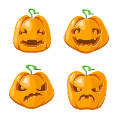Halloween jack o lantern pumpkin decoration scary faces smile emoji icons set isolated cartoon design vector illustration
