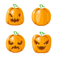 Jack o lantern halloween pumpkin decoration scary faces smile emoji icons set isolated cartoon design vector illustration