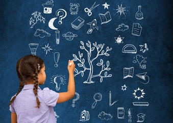 School girl and Education drawing on blackboard for school