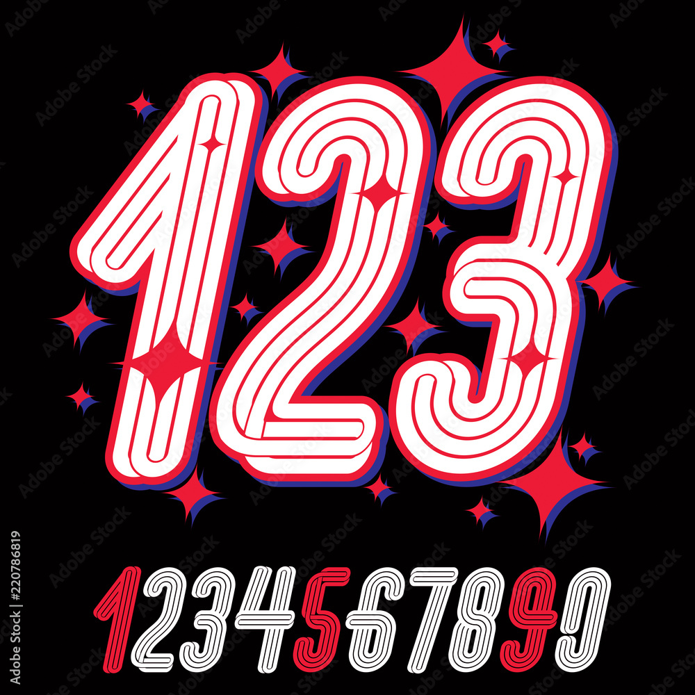 Poster set of vector tall condensed funky numbers from 0 to 9 made with parallel stripes, best for use in l