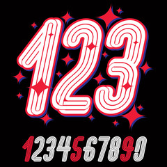 Set of vector tall condensed funky numbers from 0 to 9 made with parallel stripes, best for use in logotype design for carnival announcement.