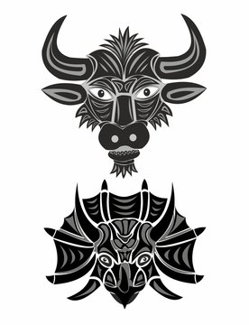 Head of a bull and triceratops in black and white