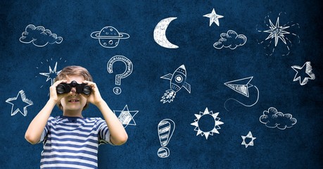 School boy using binoculars and Magical Space universe Education - Powered by Adobe
