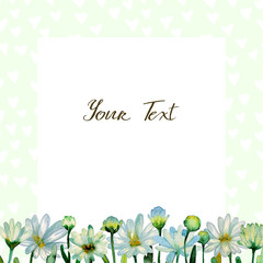 Floral watercolor background. Hand drawn chrysanthemum flowers, branches, leaves. Chrysanthemum Flower. Copy space for text, design card, wedding invitation, greeting, letter, poster, broadsheet, menu