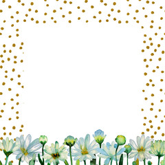 Obraz premium Floral watercolor background. Hand drawn chrysanthemum flowers, branches, leaves. Chrysanthemum Flower. Copy space for text, design card, wedding invitation, greeting, letter, poster, broadsheet, menu