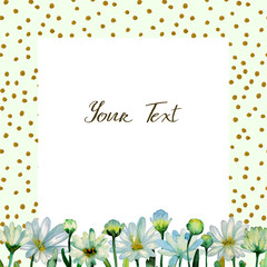 Floral watercolor background. Hand drawn chrysanthemum flowers, branches, leaves. Chrysanthemum Flower. Copy space for text, design card, wedding invitation, greeting, letter, poster, broadsheet, menu