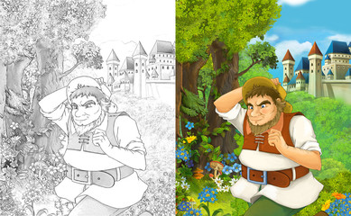 cartoon scene with farmer traveling near castle - illustration for children