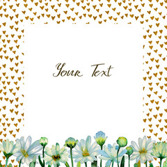 Floral watercolor background. Hand drawn chrysanthemum flowers, branches, leaves. Chrysanthemum Flower. Copy space for text, design card, wedding invitation, greeting, letter, poster, broadsheet, menu