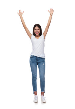 pretty casual woman celebrating with hands in the air