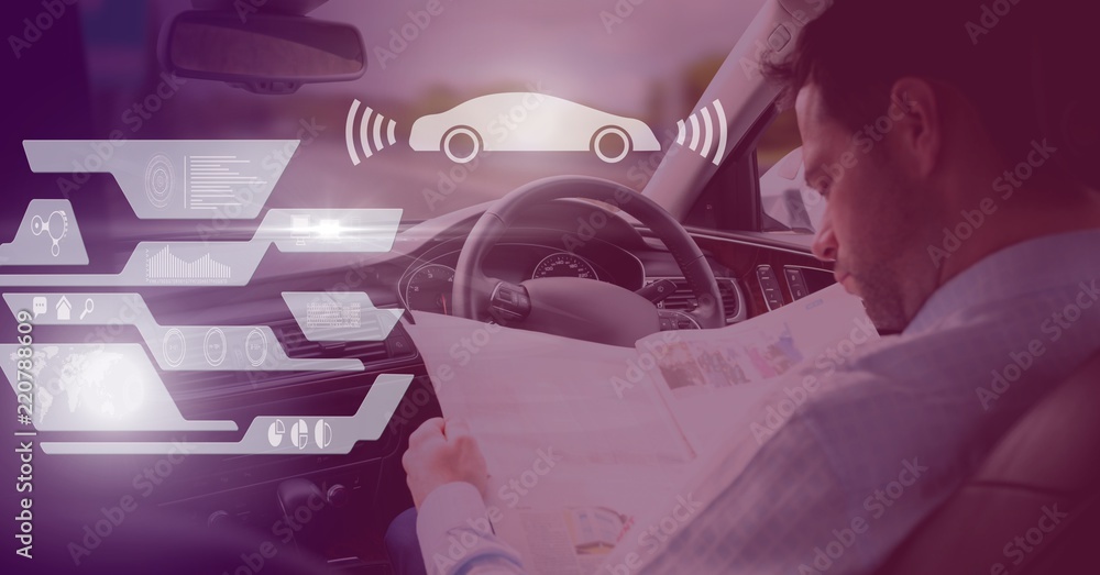 Poster man driving in car with heads up display interface