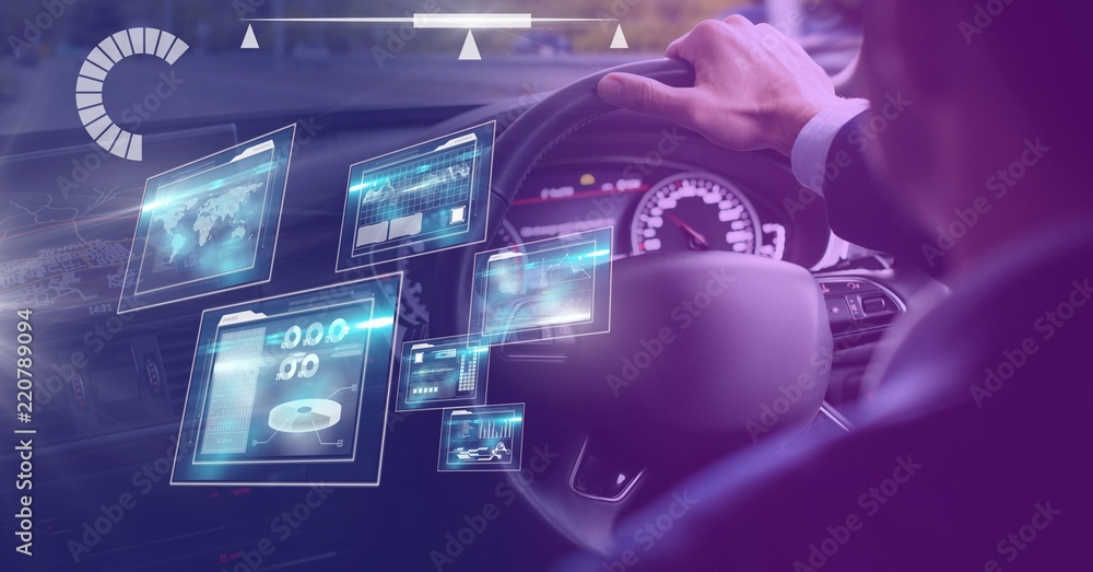 Poster man driving in car with heads up display interface