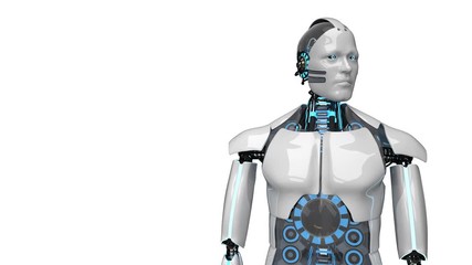 A thinking white robot isolated on white. 3d animation.