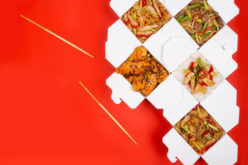 Set of woks on a red background