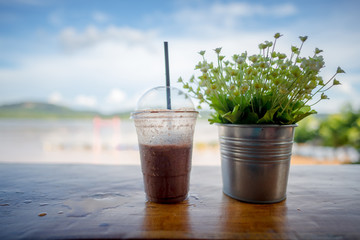 summer drink on desk and free space for your .